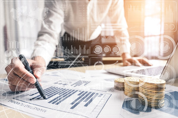 Big Data Technology for Business Finance Analytic Concept. Modern graphic interface shows massive...