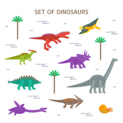 Simple set flat style icons of different dinosaurs with text. Pictograms  for print on t-shirt or design card.
