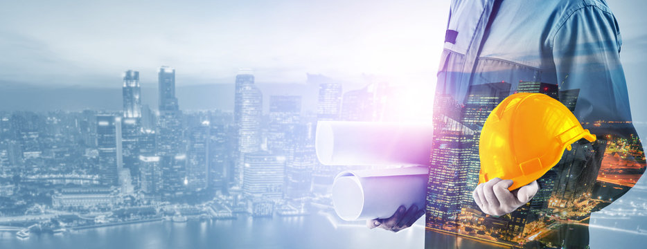 Future building construction engineering project concept with double exposure graphic design. Building engineer, architect people or construction worker working with modern civil equipment technology.