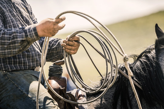 Close-up of cowboy holding his lasso ready in hand. Cody, Wyoming, USA