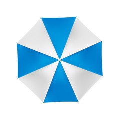 Open umbrella with white and blue stripes on a white background, top view, vector. © gossip7
