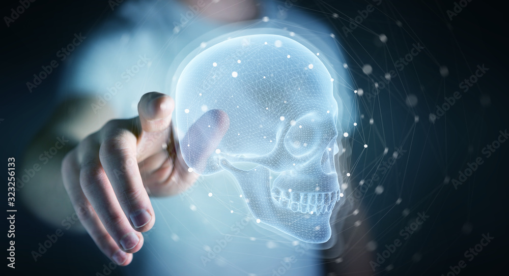 Poster Man using digital x-ray skull holographic scan projection 3D rendering