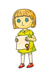 Girl holding diploma in hand standing on white