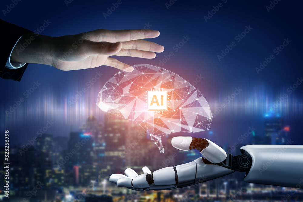 Poster 3d rendering futuristic robot technology development, artificial intelligence ai, and machine learni