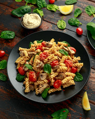 Healthy Creamy Hummus pasta with mushroom and roast tomatoes. vegan vegetarian, plant based.