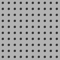 Peg board seamless pattern texture. Perforated wall background. Gray board with holes.
