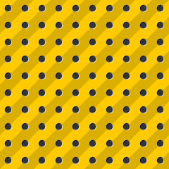 Peg board seamless pattern texture. Perforated wall for tools background. Yellow diagonal striped board with holes. Construction theme wallpaper.
