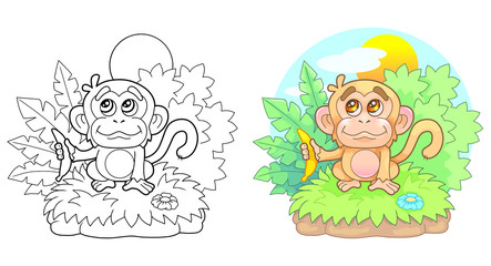 cartoon, cute, little monkey with a banana in his hand, funny illustration