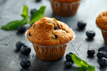 Blueberries muffins, cupcake with mint and berry