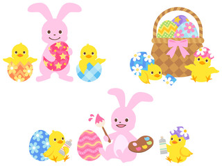 イースターのウサギとヒヨコのイラストセット