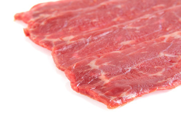 pieces of chopped raw beef meat on a white background