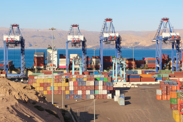 Industrial cargo container terminal. Port cranes unloads the cargo ship. On the seashore on the asphalt is a huge number of containers. Clear blue sky. Theme of trade and delivery.