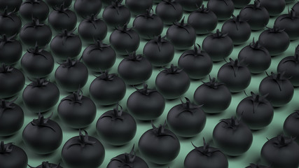 Obraz premium 3d render grid pattern of black leather tomatoes on a green background. 