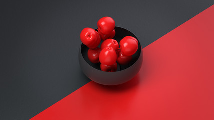 3d render minimalist composition with a black vase of plastic red apples on the two colors surface with the diagonal division.