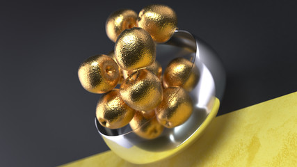 3d render minimalist composition with a glass vase of golden apples on the two colors surface with the diagonal division.