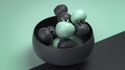 3d render minimalist composition with a black vase of plastic black and green tomatoes on the two colors surface with the diagonal division.