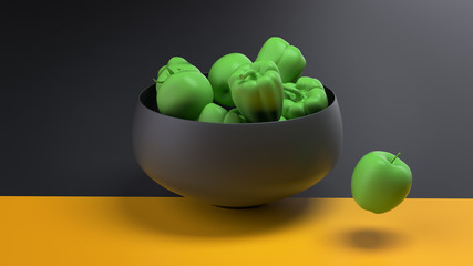 3d render minimalist composition with a black vase of plastic green tomatoes, apple and peppers on the two colors surface with the diagonal division.