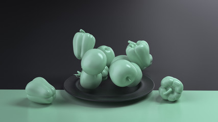 3d render minimalist composition with a black plate of plastic light green tomatoes, apple and peppers on the two colors surface with the diagonal division.