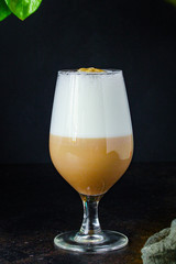 cappuccino, delicious coffee with milk (sweet dessert drink) menu concept. background. top view. copy space