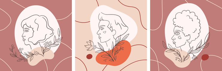 Set of women faces in flowers, modern abstract background and collage style. Girls profile portraits in line style. T-shirt print, social media banner, greeting cards. Calm earthy palette