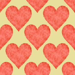 Watercolor heart seamless pattern. Pink aquarelle retro background. Romantic texture.