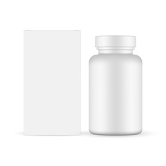 Pills bottle with paper box mockup isolated on white background. Vector illustration