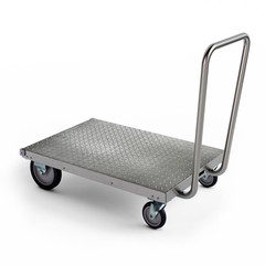 Stainless steel wheeled freight trolley cart, 3D illustration