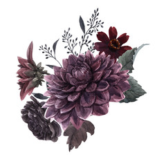 Beautiful bouquet composition with watercolor dark blue, red and black dahlia hydrangea flowers. Stock illustration.