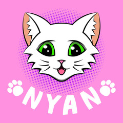 The head of a white kitty with paws and the inscription Nyan on a pink background.