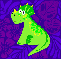 Green Triceratops dinosaur on the background of tropical leaves in flat lay style