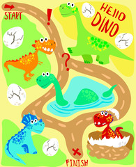 Fun maze for children. Funny dinosaurs. Collection of games for children. Labyrinth for Kids with forest animals.  Hello Dino - lettering.