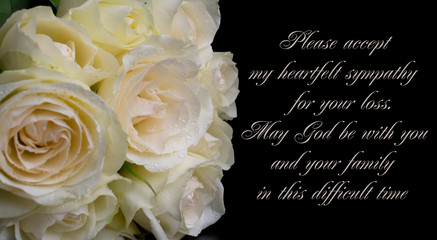 our deepest condolences message  white  and green flowers black background