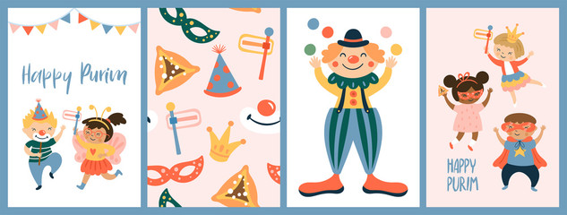Fototapeta premium Purim carnival greeting card design with cute children and clown characters. Childish print for card, stickers and party invitations.