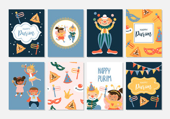 Purim carnival greeting card design with cute children and clown characters. Childish print for card, stickers and party invitations.