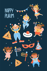 Purim carnival greeting card design with cute children and clown characters. Childish print for card, stickers and party invitations.