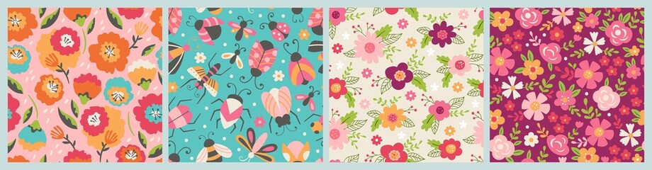 Fototapeta na wymiar Seamless pattern for spring season. Childish background for fabric, wrapping paper, textile, wallpaper and cards.