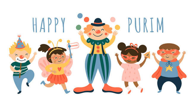 Purim carnival greeting card design with cute children and clown characters. Childish print for card, stickers and party invitations. Vector illustration