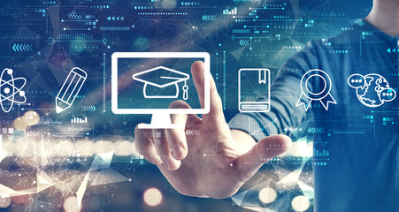 E-learning concept with a man on blurred city background