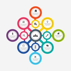 Business Infographic presentation template with 3, 4, 5, 6 options, parts, steps. Diagram, graph, round chart.