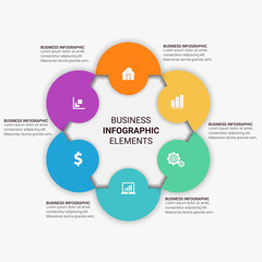 Business Infographic presentation template with 3, 4, 5, 6 options, parts, steps. Diagram, graph, round chart.