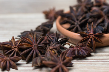 star anise with and without seed, closed, in a clay dish on a light wooden surface. spice for the recipe. beautiful picture, background