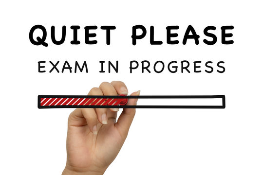 Quiet please exam in progress handwritten poster banner on white background with loading bar - Student examination school college university notice - Evaluation patient test doodle style sign concept