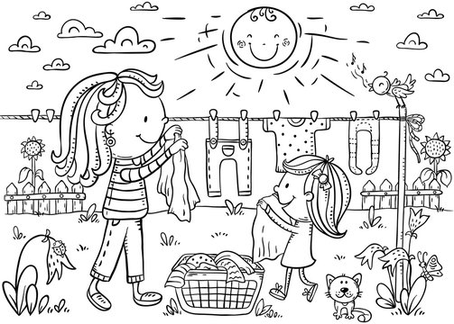 Little Girl Helping Her Mother To Hang Out The Linen Outdoors On A Summer Day, Outline Vector