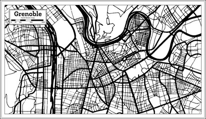 Grenoble France Map in Black and White Color.