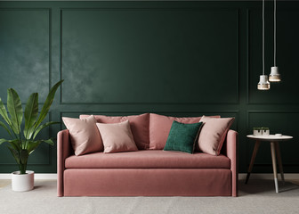 Home interior mock-up with pink sofa, table and decor in green living room, 3d render