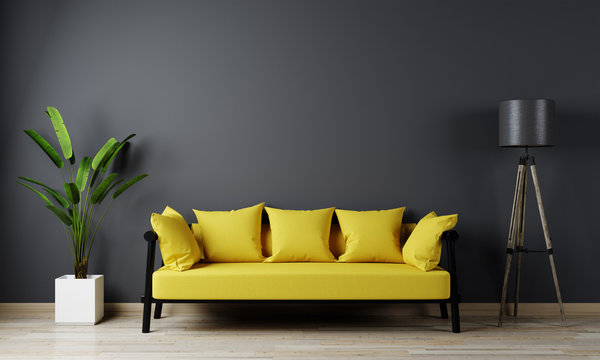 Home interior, luxury modern dark living room interior, black empty wall mock up, yellow 3d render