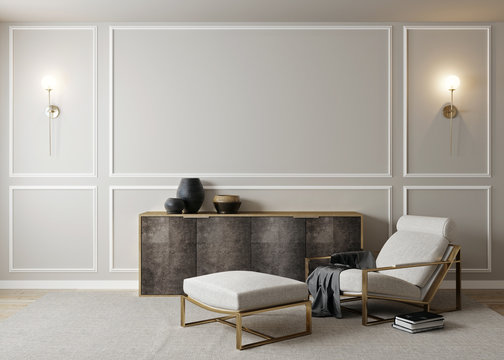 Modern interior, natural pastel colors room background with poster mock up, 3d render
