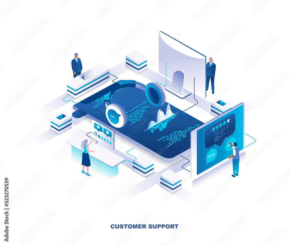 Poster customer or technical support service isometric landing page. concept with tiny people working aroun