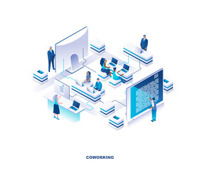 Coworking place or shared office isometric landing page. Concept with employees, managers or clerks sitting at desks and working on laptop computers in open space. Vector illustration for website.