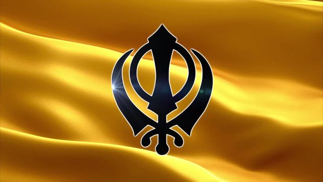 The main symbol of sikhism is the khanda sign on the background of an waving flag, video, 4K